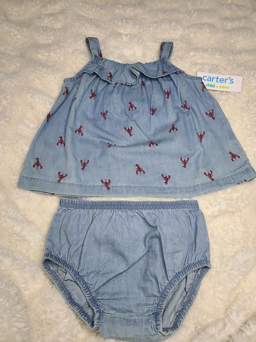 Carter's Light Blue Chambray Dress & Bloomer Set with Red Lobster Motif Size 18m
